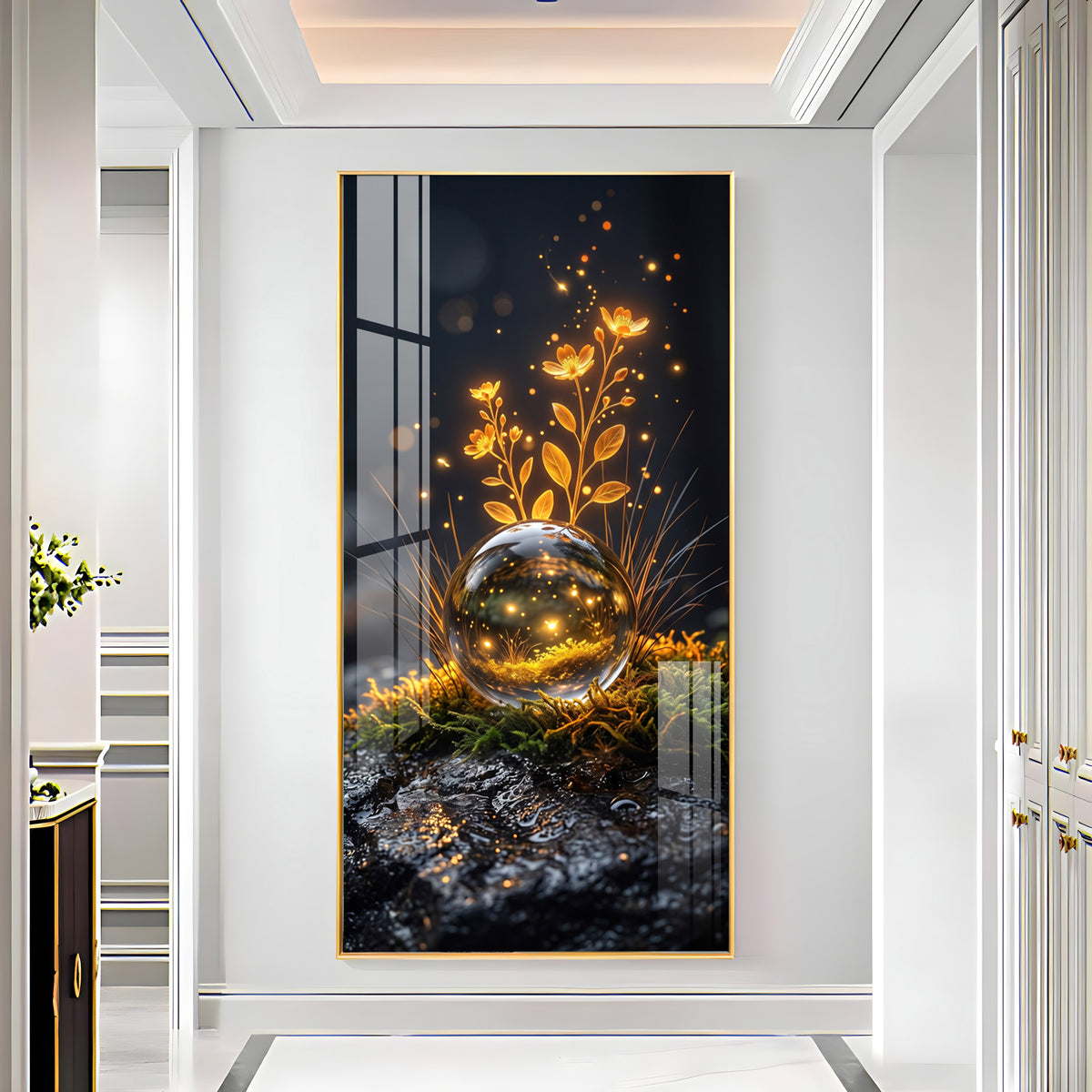 Glowing Crystal Orb & Golden Flowers Premium Acrylic Vertical Wall Art