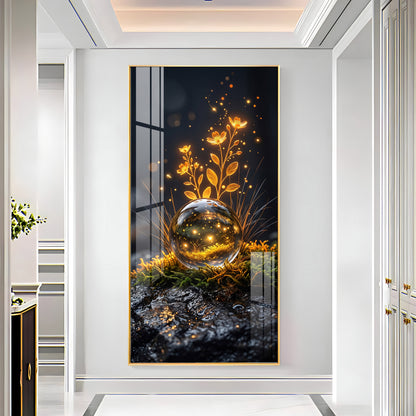 Glowing Crystal Orb & Golden Flowers Premium Acrylic Vertical Wall Art