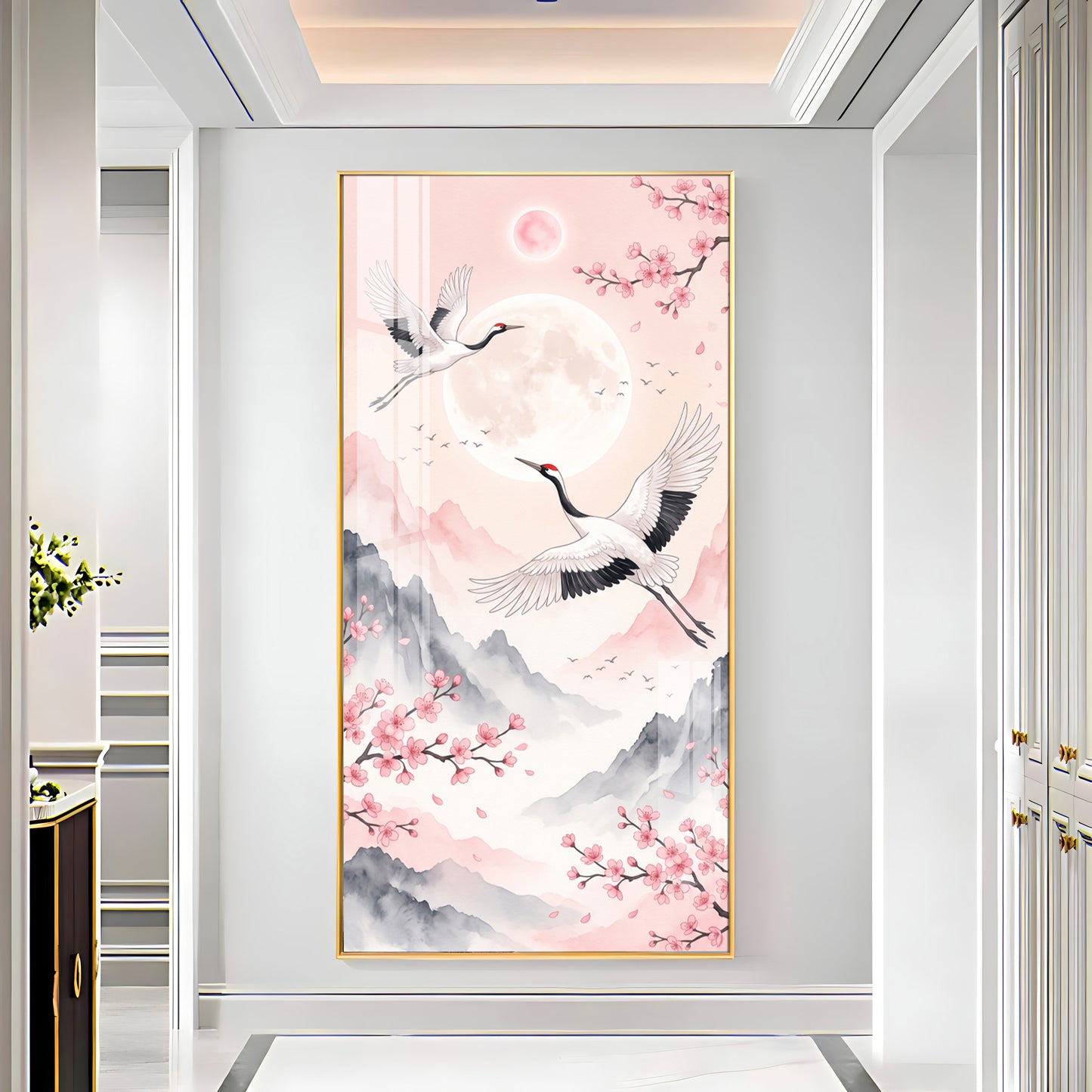 Flying Crane Birds & Cherry Blossom Premium Acrylic Vertical Wall Art