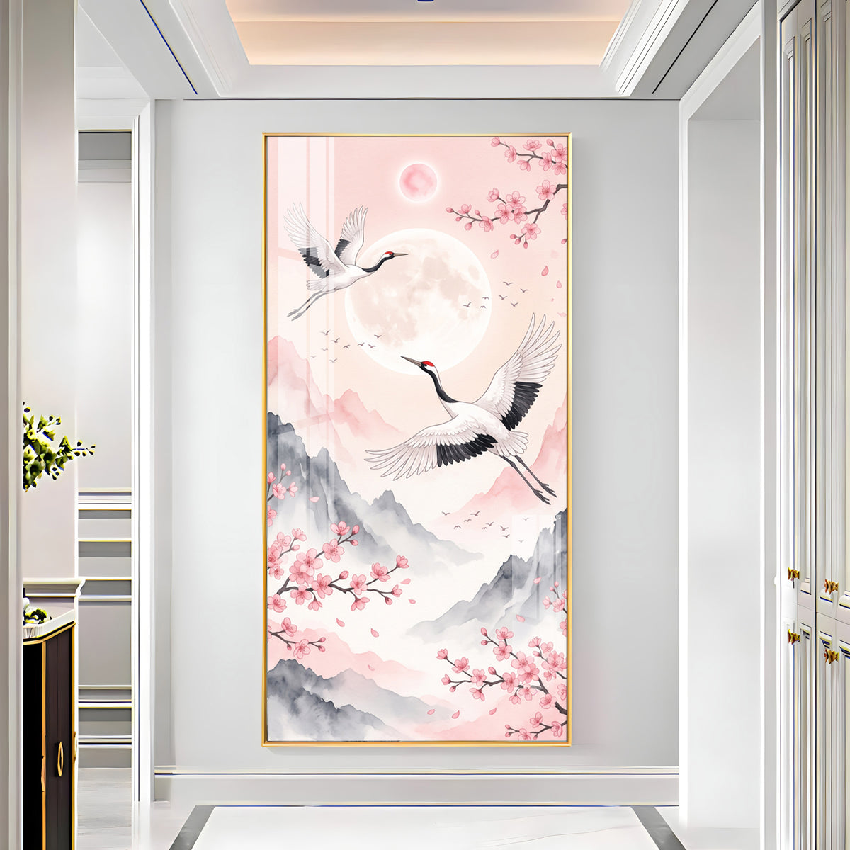 Flying Crane Birds & Cherry Blossom Premium Acrylic Vertical Wall Art