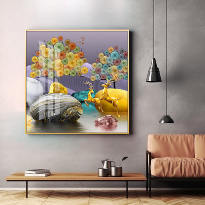 Modern Colorful Background With Golden Deer Premium Acrylic Square Wall Art