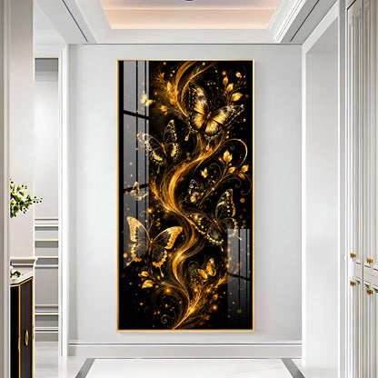Graceful Golden Butterflies & Floral Swirls Premium Acrylic Vertical Wall Art