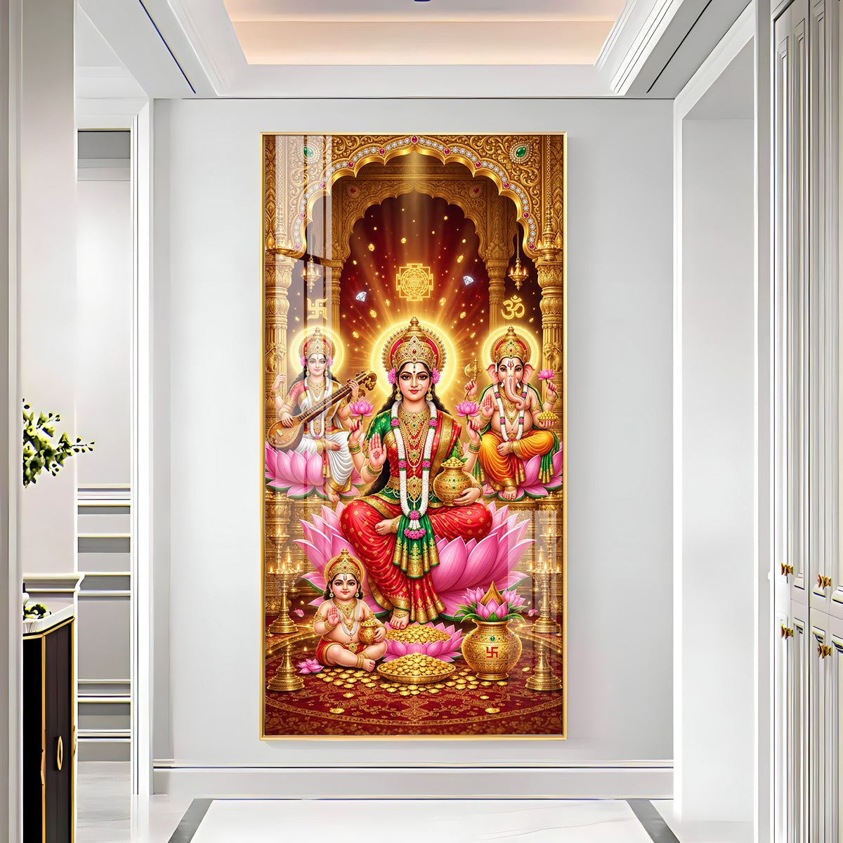Maa Laxmi, Saraswati and Ganesh Ji Premium Acrylic Vertical Wall Art