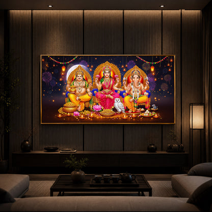 Lord Kubera,Goddess Lakshmi & Lord Ganesha Modern Luxury Backlight Horizontal Wall Art