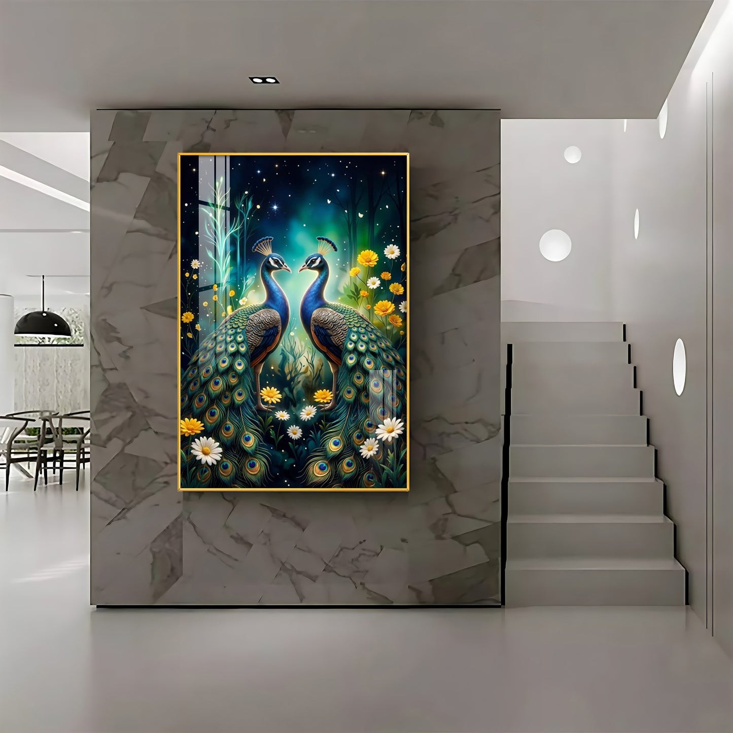 Two Peacocks With Flowers Premium Acrylic Vertical Wall Art