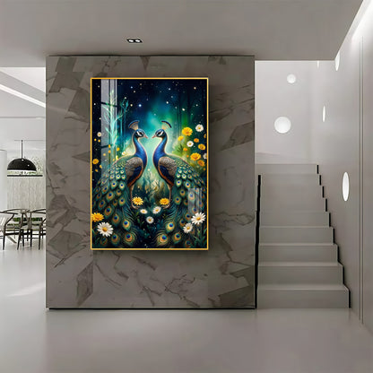 Two Peacocks With Flowers Premium Acrylic Vertical Wall Art