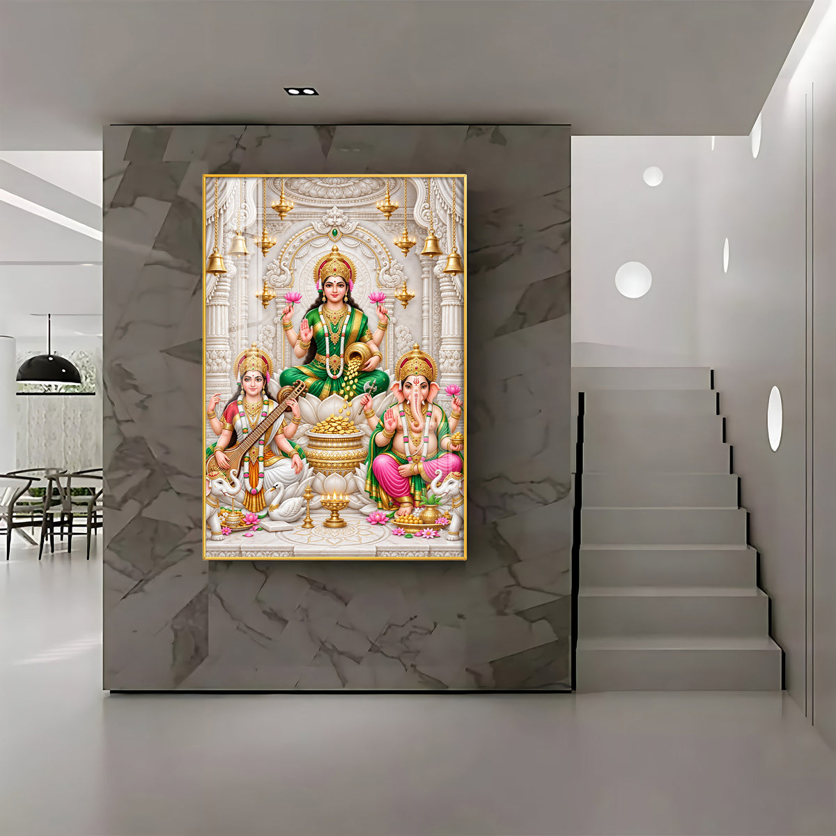 Maa Laxmi Saraswati Ganesha Premium Acrylic Vertical Wall Art
