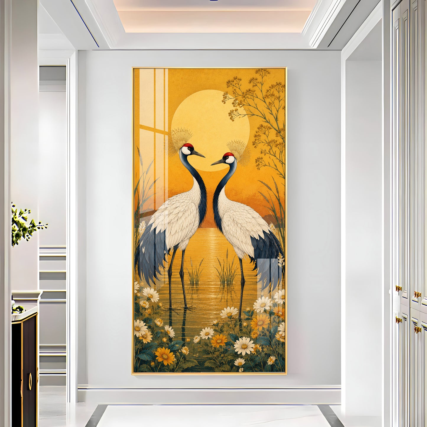 Golden Sunset Crane Birds Premium Acrylic Vertical Wall Art