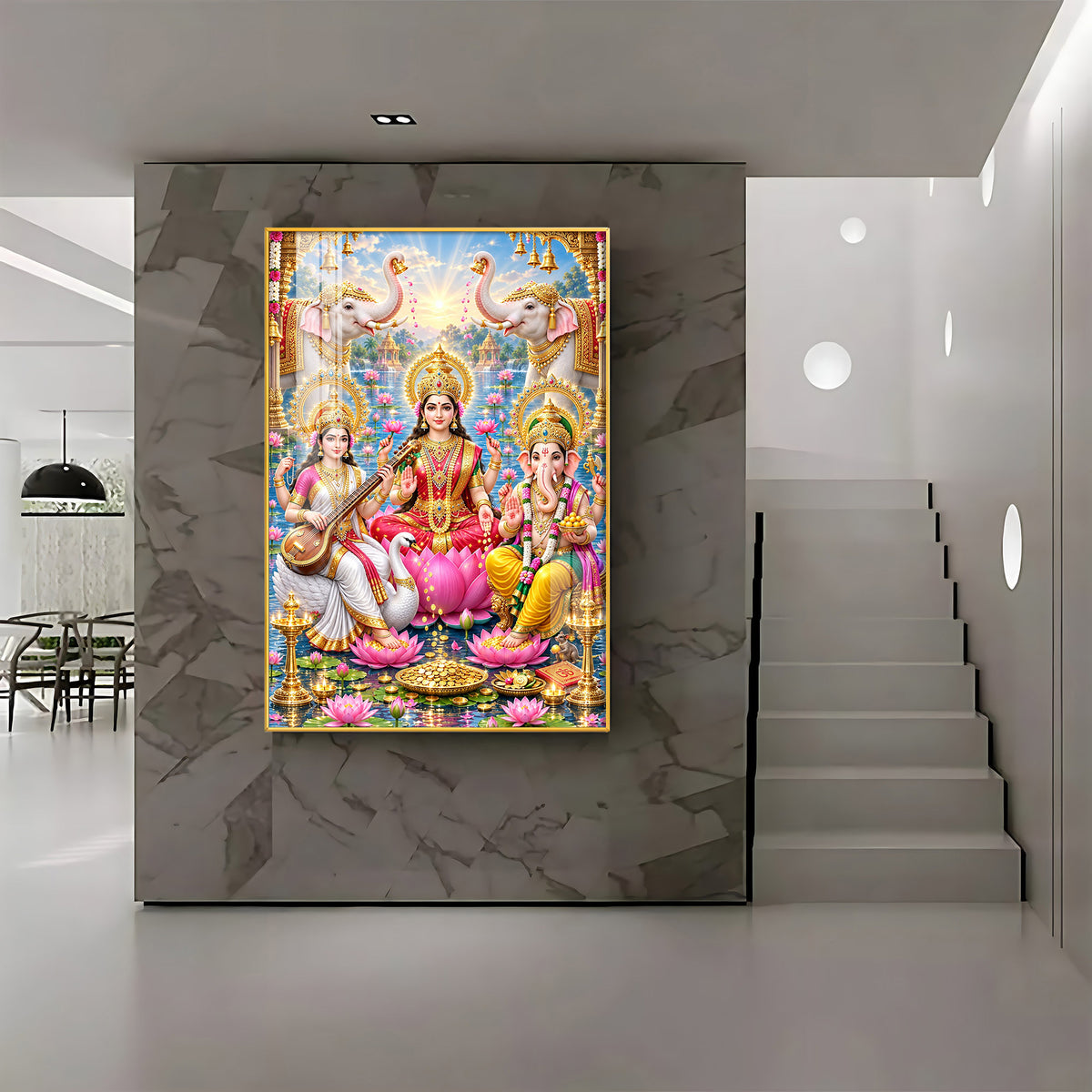Lord Ganesh, Maa Laxmi & Maa Saraswati Premium Acrylic Vertical Wall Art