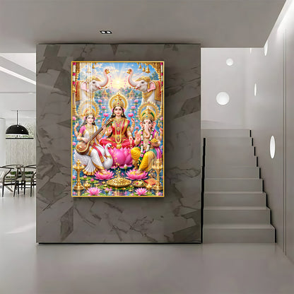 Lord Ganesh, Maa Laxmi & Maa Saraswati Premium Acrylic Vertical Wall Art