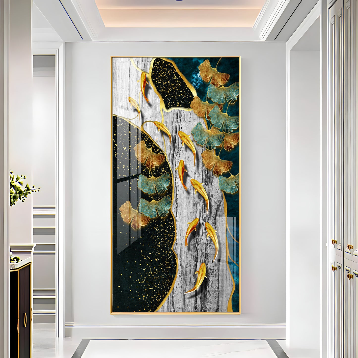 Gold Fish & Feathers Premium Acrylic Vertical Wall Art