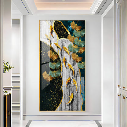 Gold Fish & Feathers Premium Acrylic Vertical Wall Art