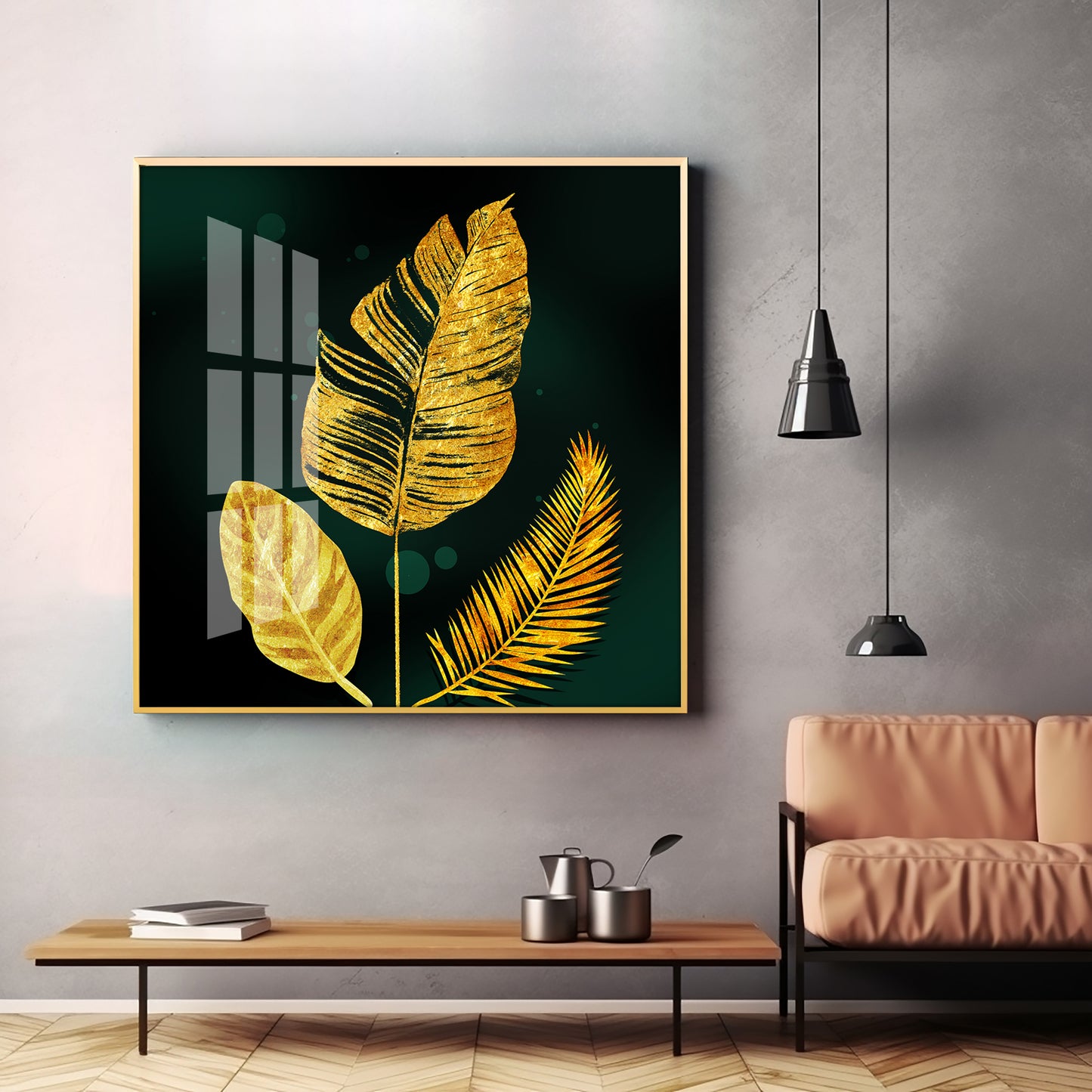 Luxury Golden Leaves Premium Acrylic Square Wall Art