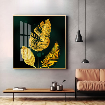 Luxury Golden Leaves Premium Acrylic Square Wall Art