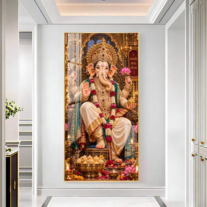 Ganpati Bappa Morya Golden Throne Premium Acrylic Vertical Wall Art