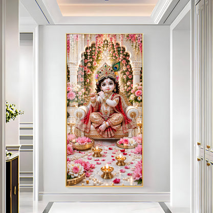 Little Krishna On Royal Chair Premium Acrylic Vertical Wall Art