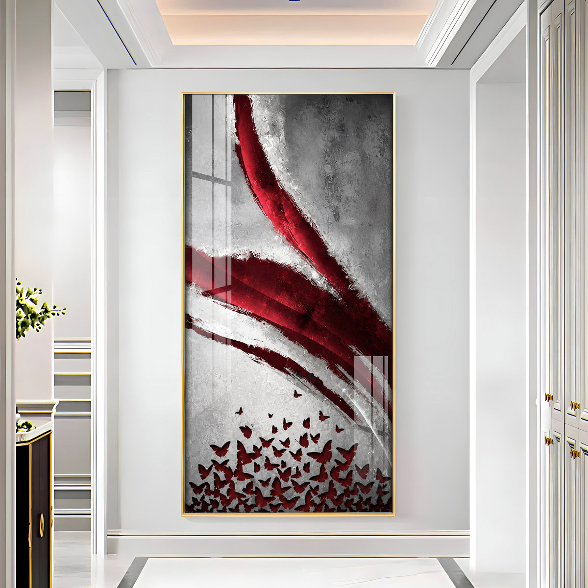 Red Crimson Swirl and Butterfly Premium Acrylic Vertical Wall Art
