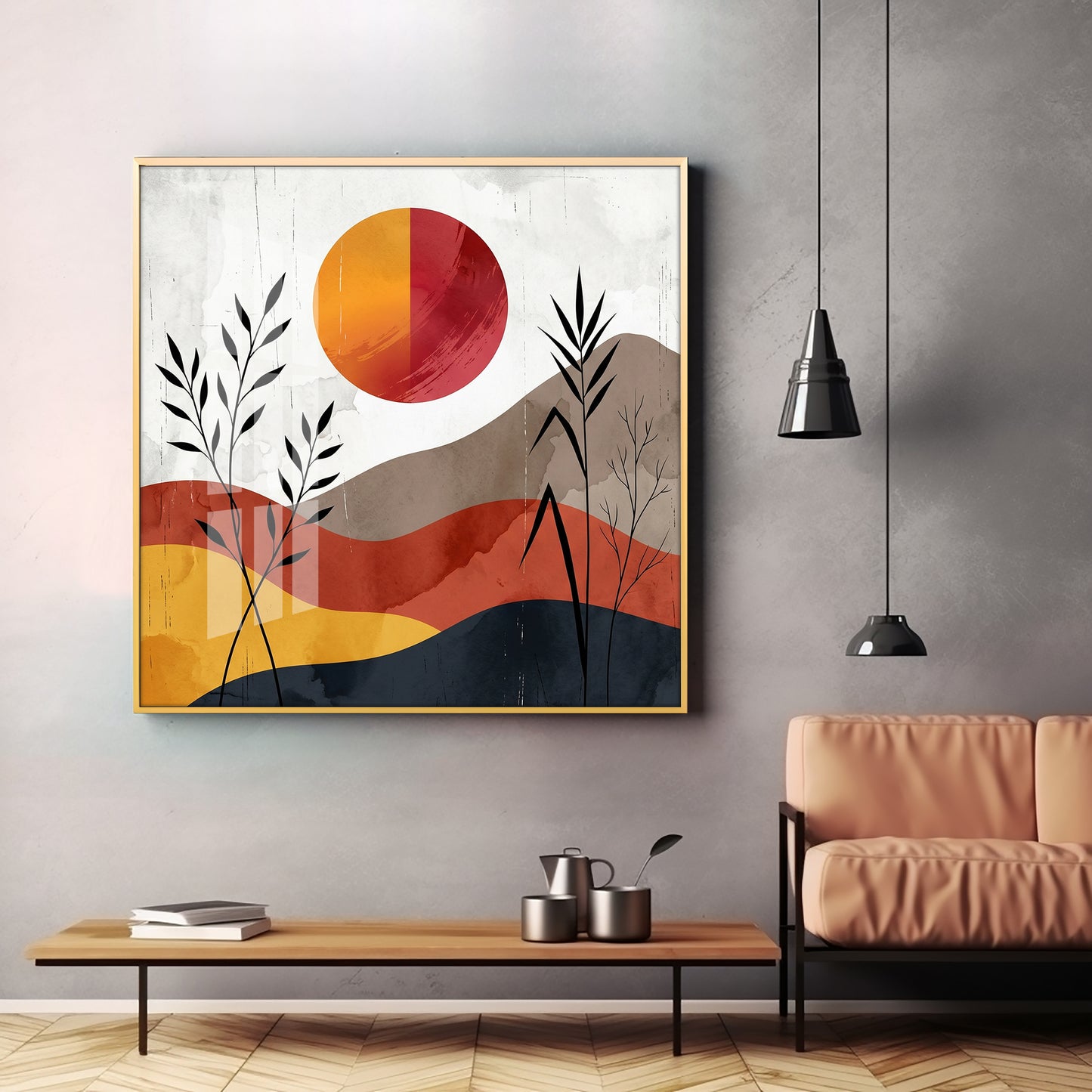 Earth-Toned Hills & Split-Color Sun Premium Acrylic Square Wall Art
