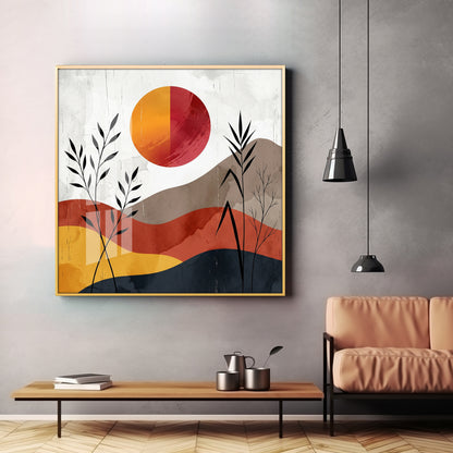 Earth-Toned Hills & Split-Color Sun Premium Acrylic Square Wall Art