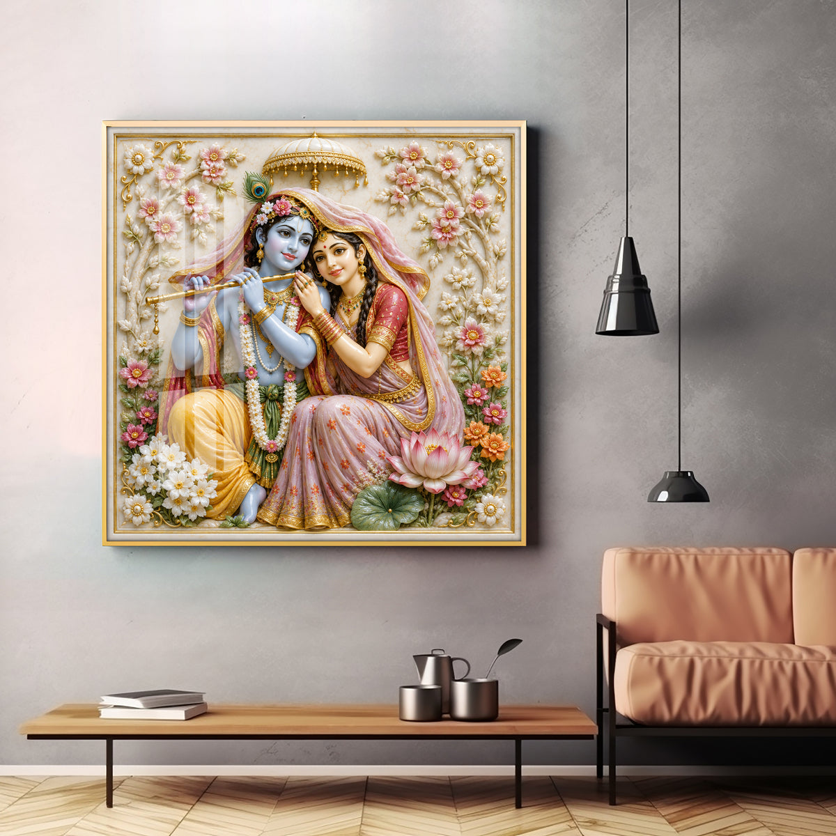 Radha Krishna Floral Premium Acrylic Square Wall Art