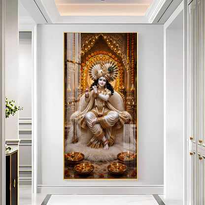 Sacred Lord Krishna Flute Playing Divine Sanctuary Premium Acrylic Vertical Wall Art