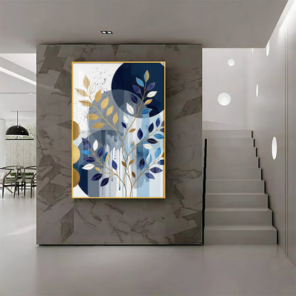 Colourfull Leaves Against Blue & Gold Circles Premium Acrylic Vertical Wall Art