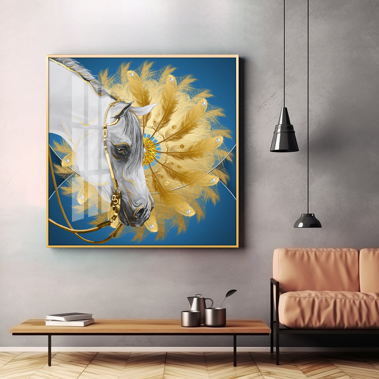 White Horse With Golden chakra Premium Acrylic Square Wall Art