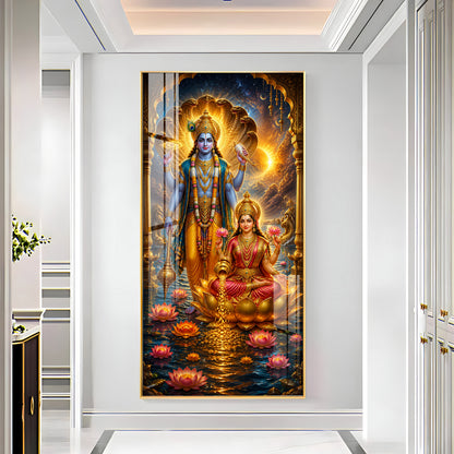 Sacred Lord Vishnu & Goddess Lakshmi Cosmic Premium Acrylic Vertical Wall Art