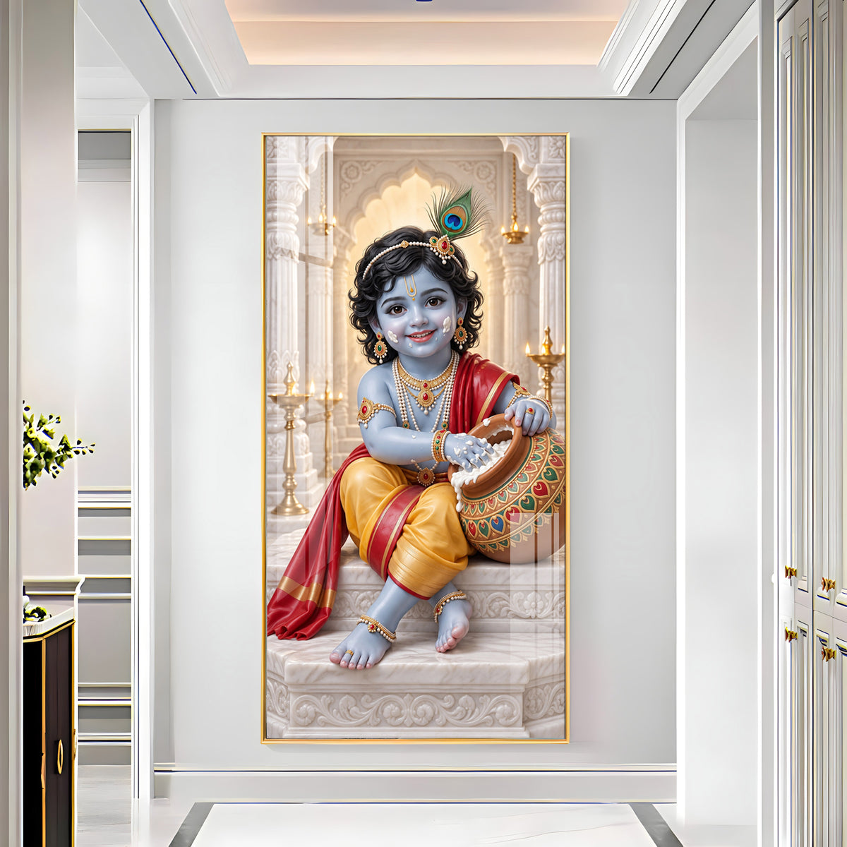 Little Krishna With Makhan Matki Premium Acrylic Vertical Wall Art