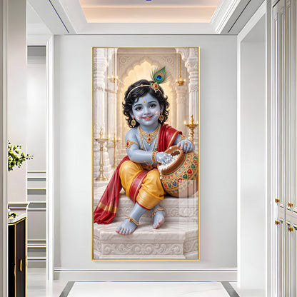 Little Krishna With Makhan Matki Premium Acrylic Vertical Wall Art
