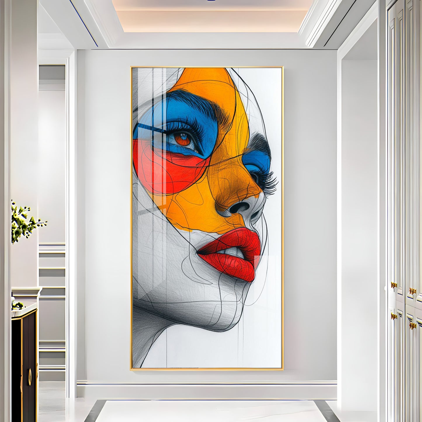 Vibrant Geometric Mask Girl Premium Acrylic Vertical Wall Art