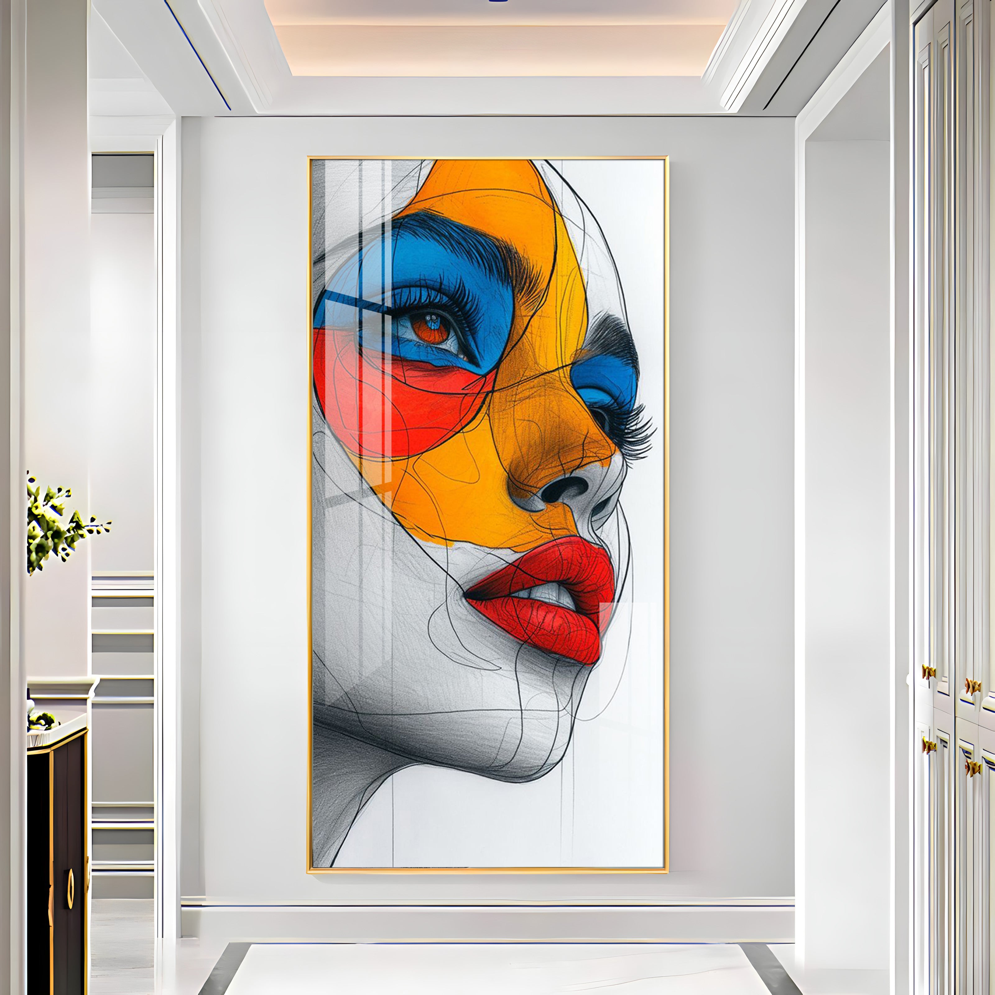 Vibrant Geometric Mask Girl Premium Acrylic Vertical Wall Art
