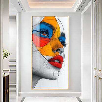 Vibrant Geometric Mask Girl Premium Acrylic Vertical Wall Art