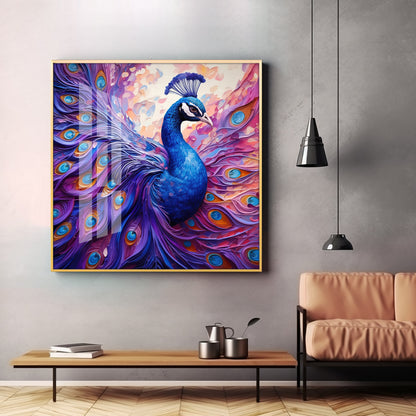 Vibrant Peacock With Feathers Premium Acrylic Square Wall Art