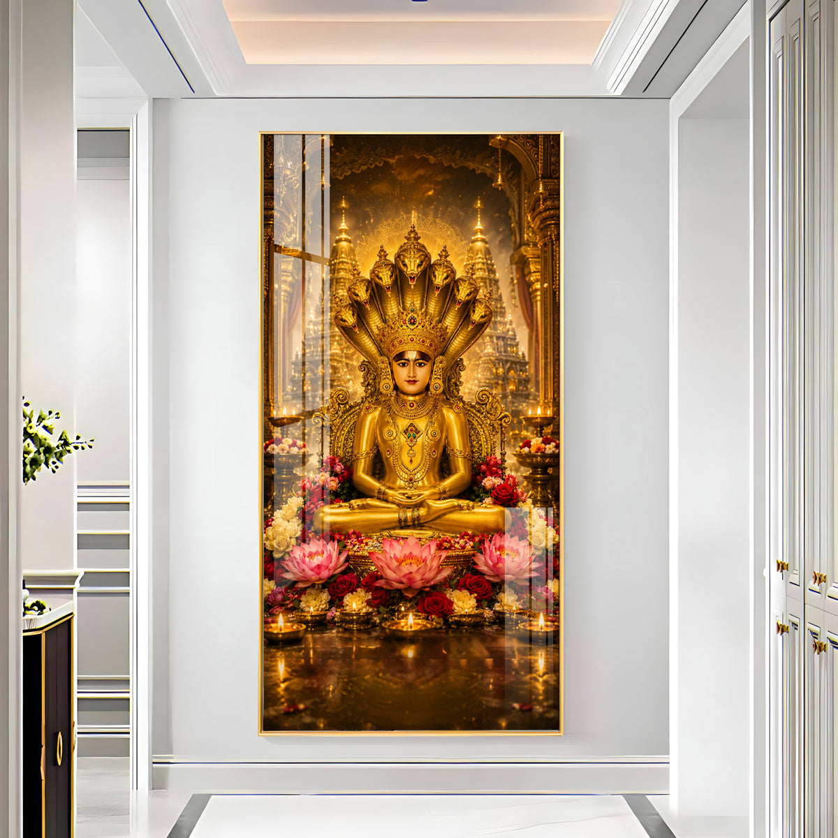 Divine Lord Parshvanath Golden Idol Lotus Premium Acrylic Vertical Wall Art