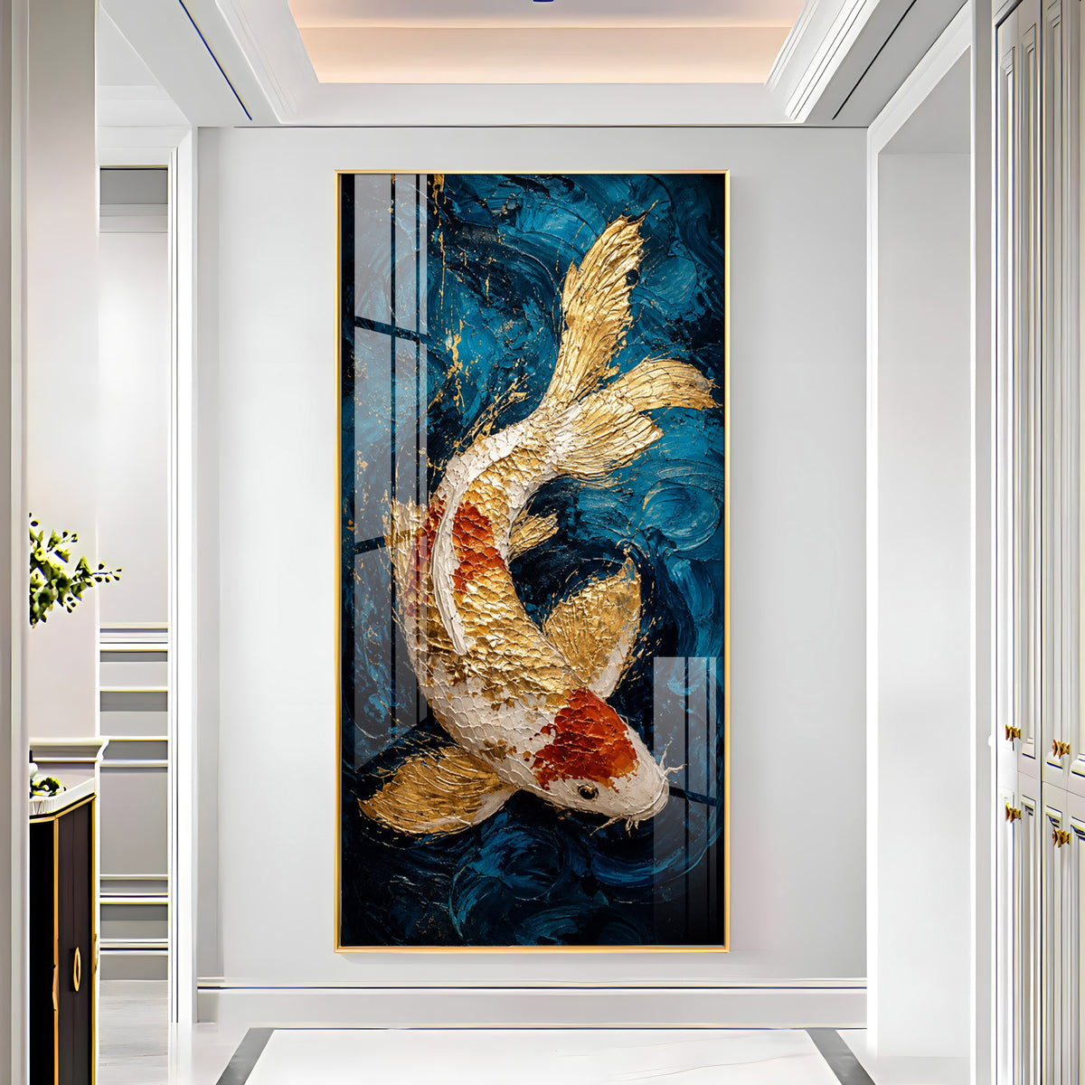 Majestic Golden & Red Koi Fish Deep Blue Background Premium Acrylic Vertical Wall Art