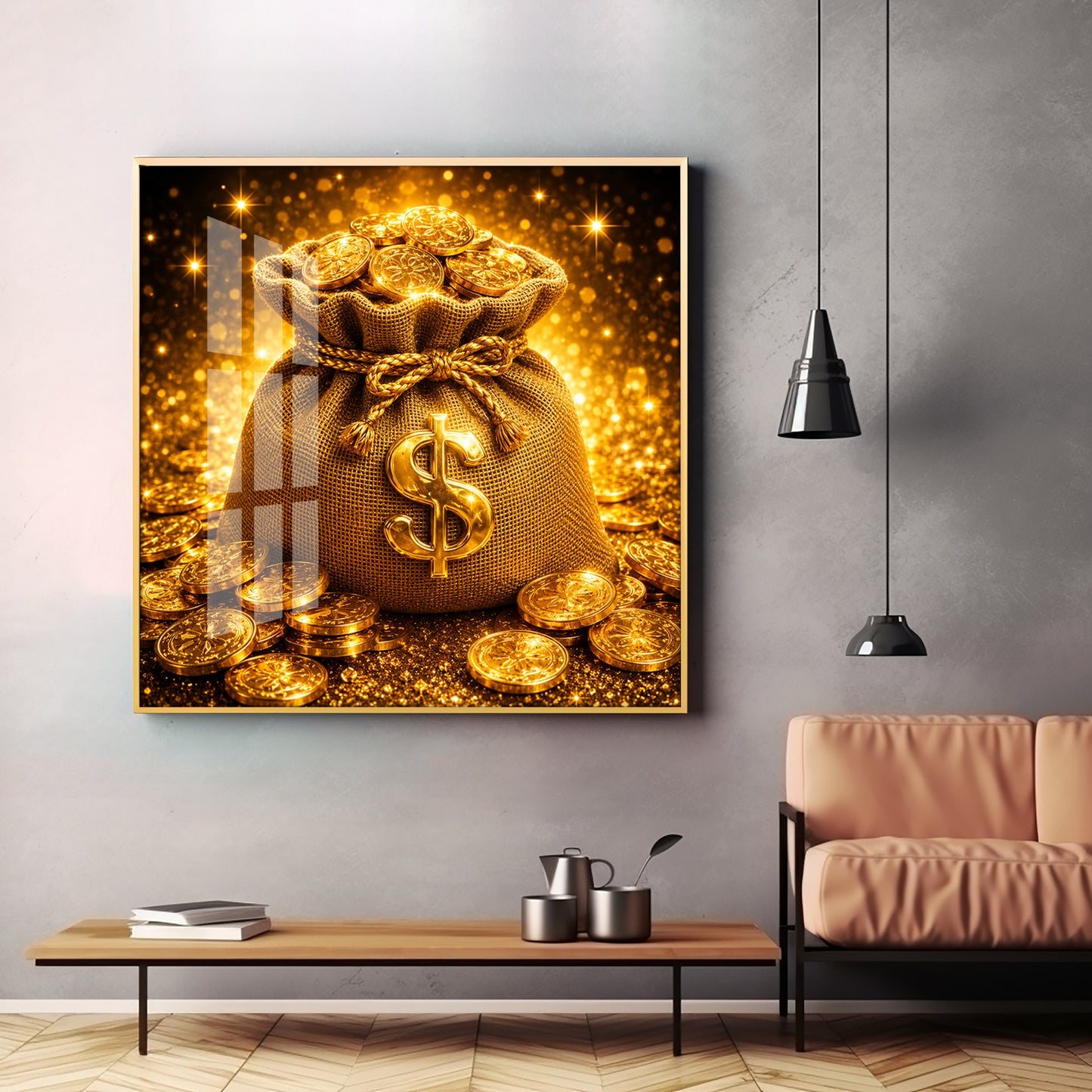 Golden Money Bag Premium Acrylic Square Wall Art