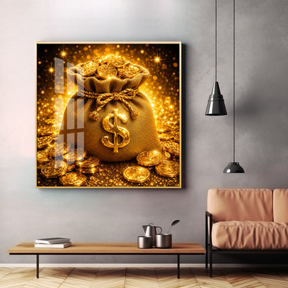 Golden Money Bag Premium Acrylic Square Wall Art