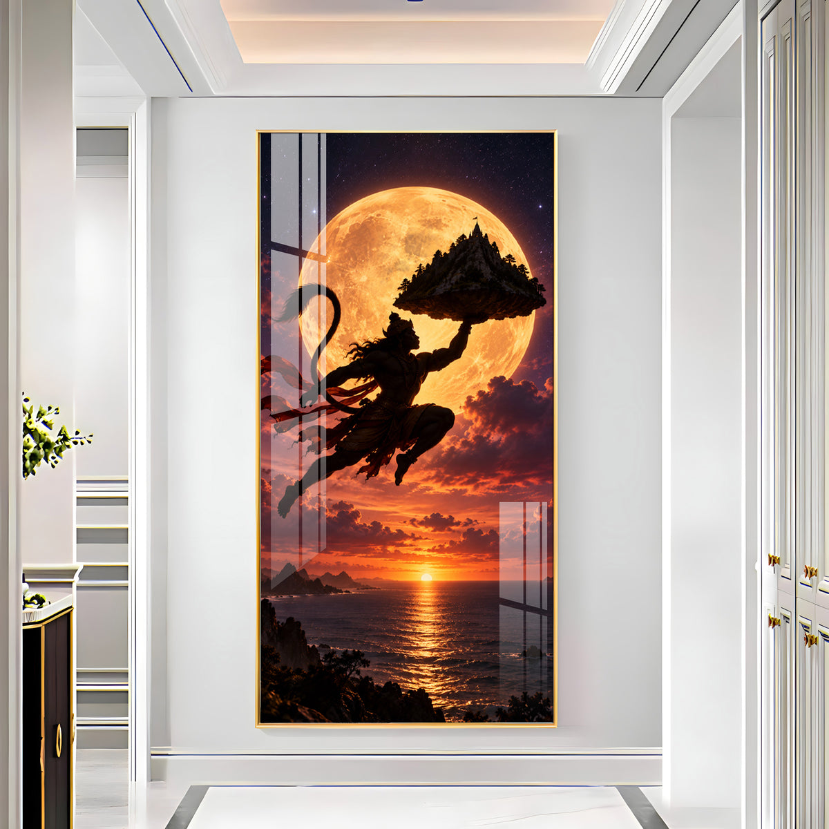 Hanuman Flying With Mountain Premium Acrylic Vertical Wall Art