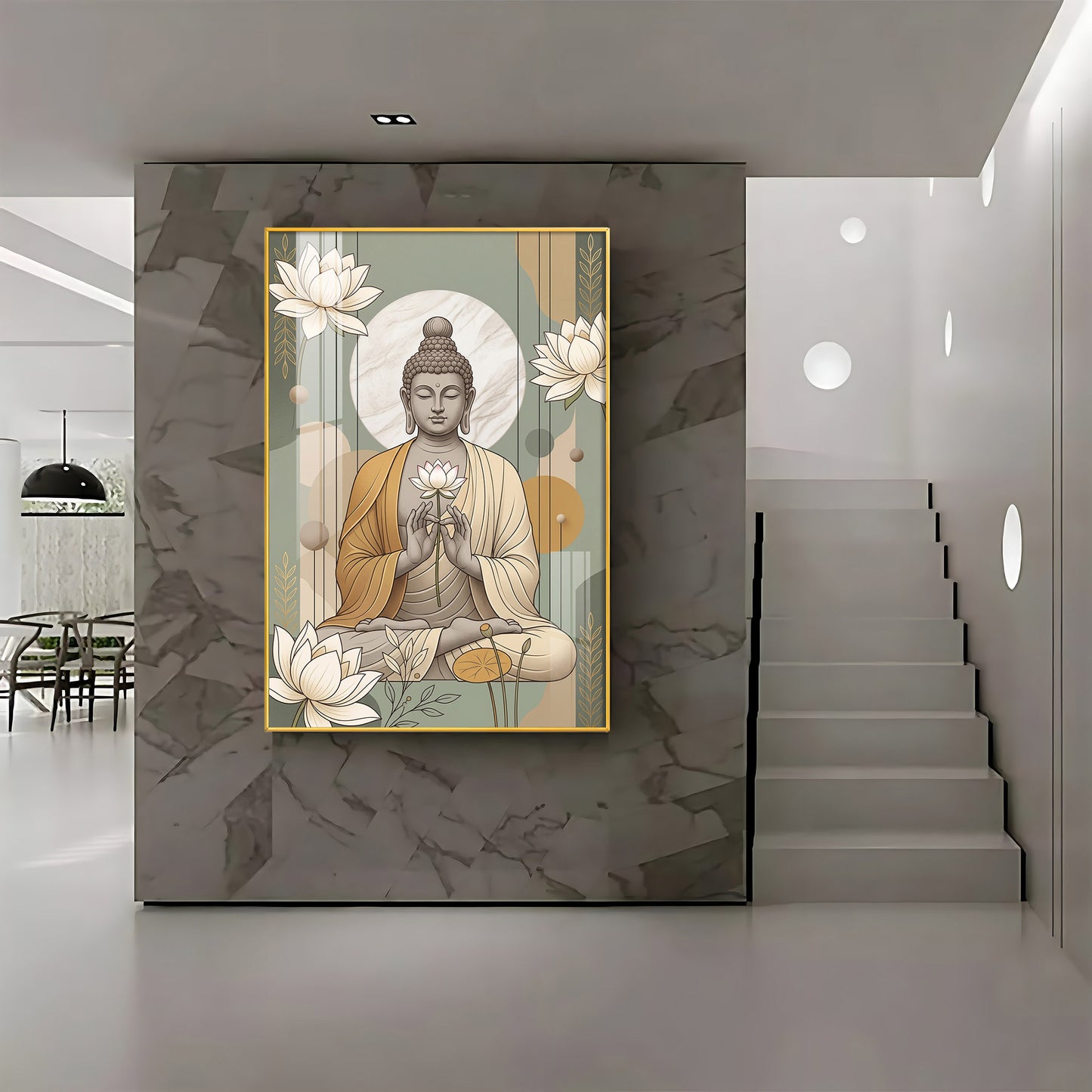 Meditating Buddha & White Lotus Premium Acrylic Vertical Wall Art