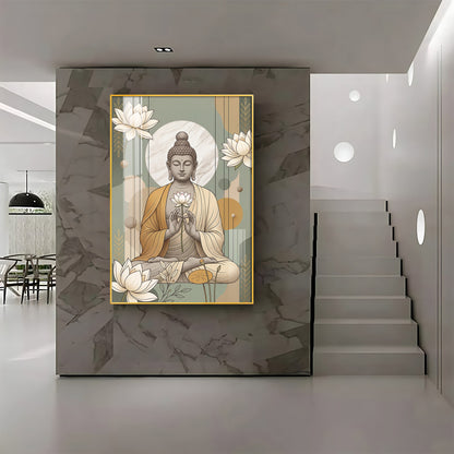 Meditating Buddha & White Lotus Premium Acrylic Vertical Wall Art