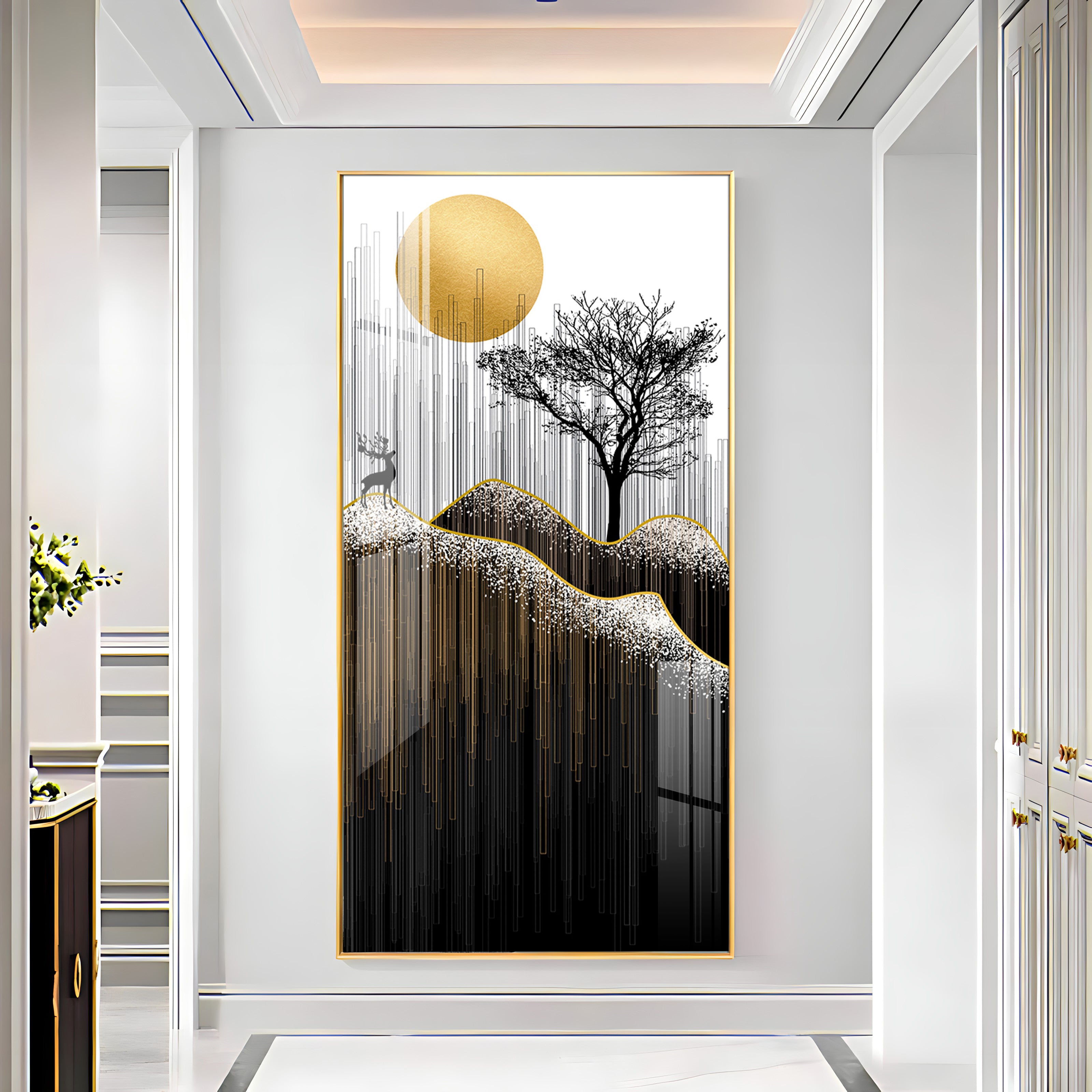 Gold Moon Stylized Black Tree Premium Acrylic Vertical Wall Art