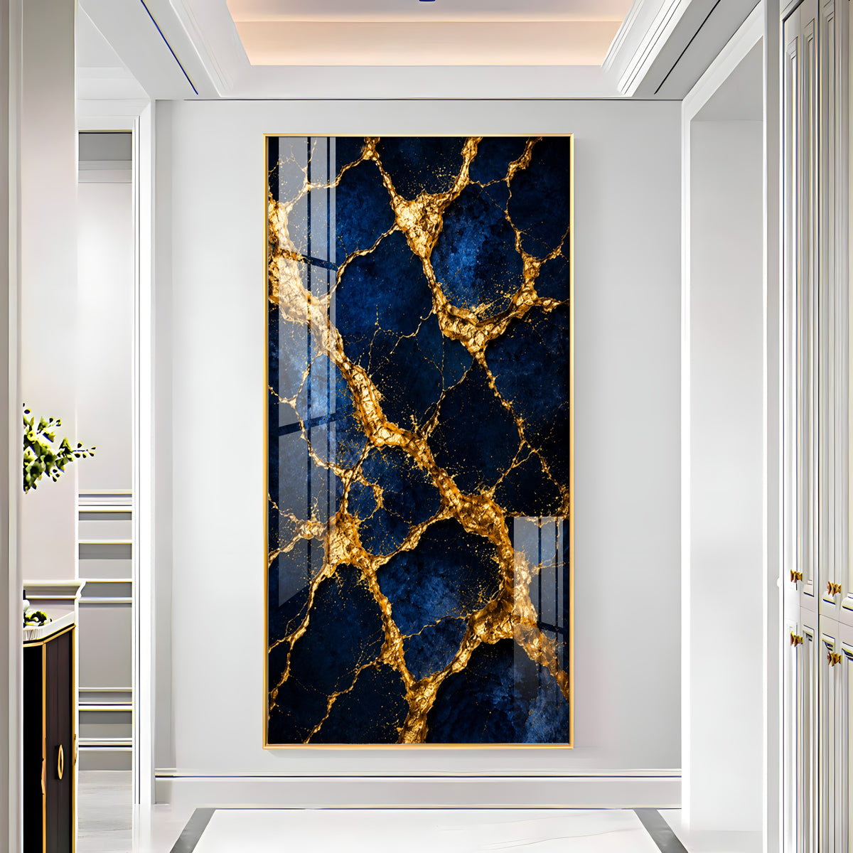 Luxurious Blue & Gold Cracked Marble Premium Acrylic Vertical Wall Art