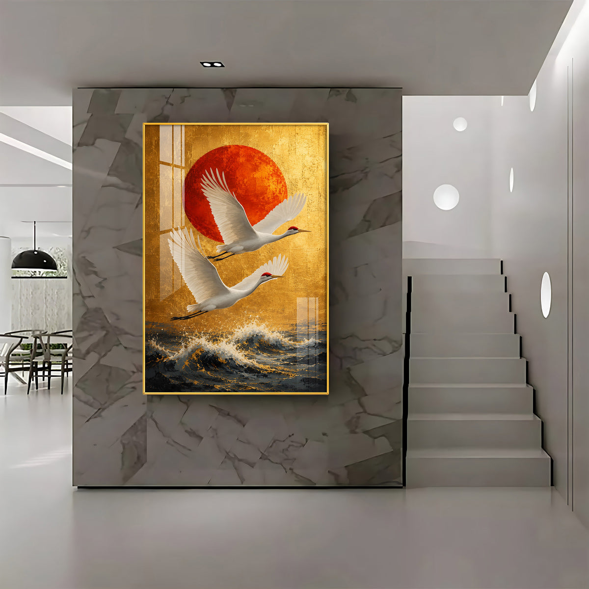 Cranes Over the Ocean & Red Sun Premium Acrylic Vertical Wall Art