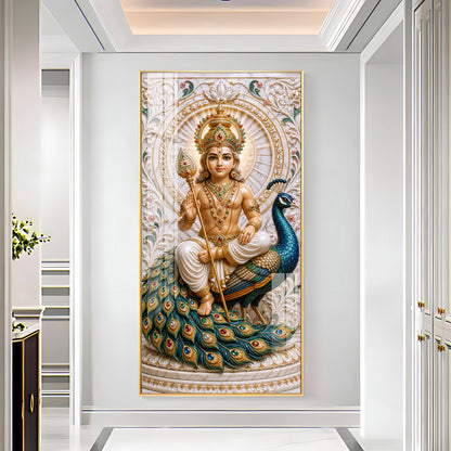 Holy Murugan With Peacock Premium Acrylic Vertical Wall Art