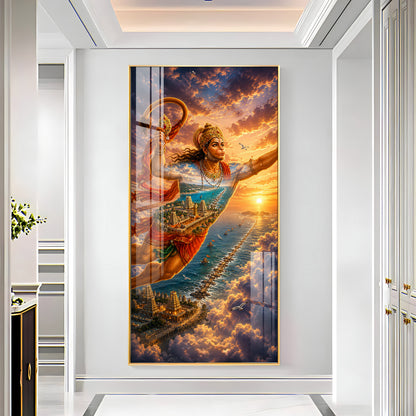 Lord Hanuman Flying Over Ocean Ram Setu Premium Acrylic Vertical Wall Art