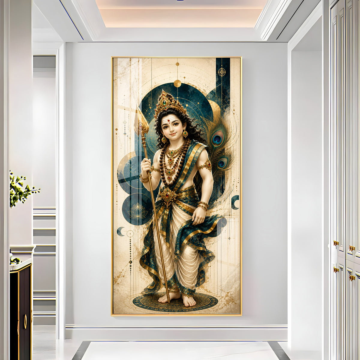 Sacred Lord Murugan & Peacock Feather Premium Acrylic Vertical Wall Art