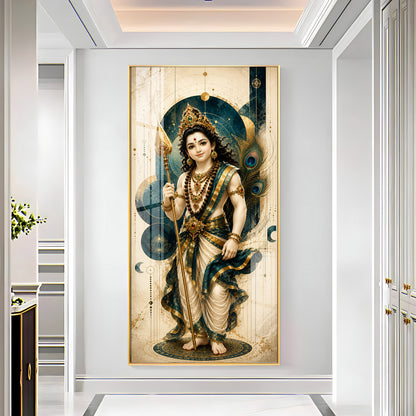 Sacred Lord Murugan & Peacock Feather Premium Acrylic Vertical Wall Art