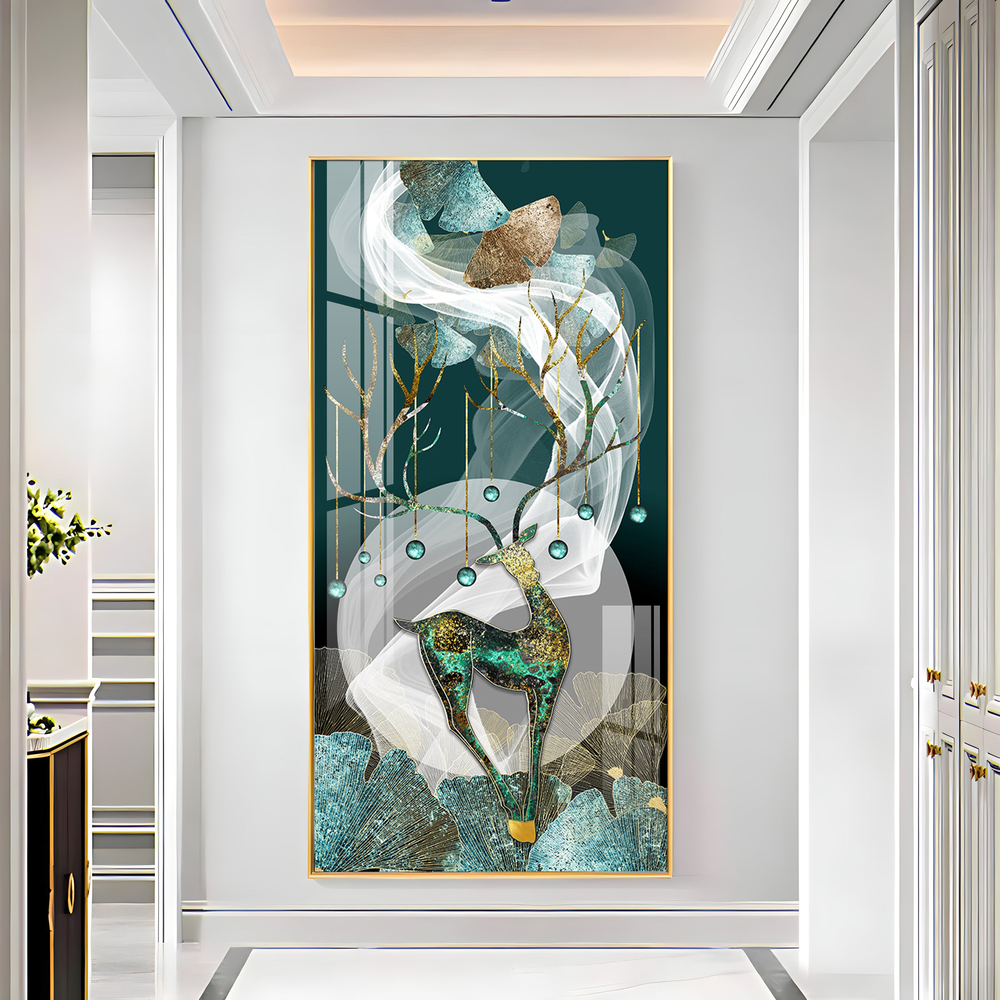 Deer With Dark Green Background Premium Acrylic Vertical Wall Art