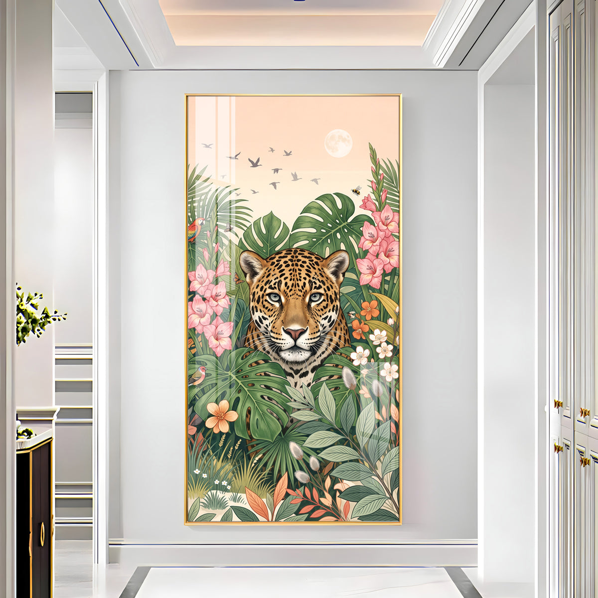 Tropical Jungle Leopard & Floral Leaves Premium Acrylic Vertical Wall Art